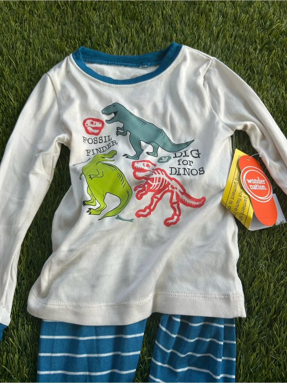 wonder nation White Long Sleeve Dino Pajama Set with Teal and Blue